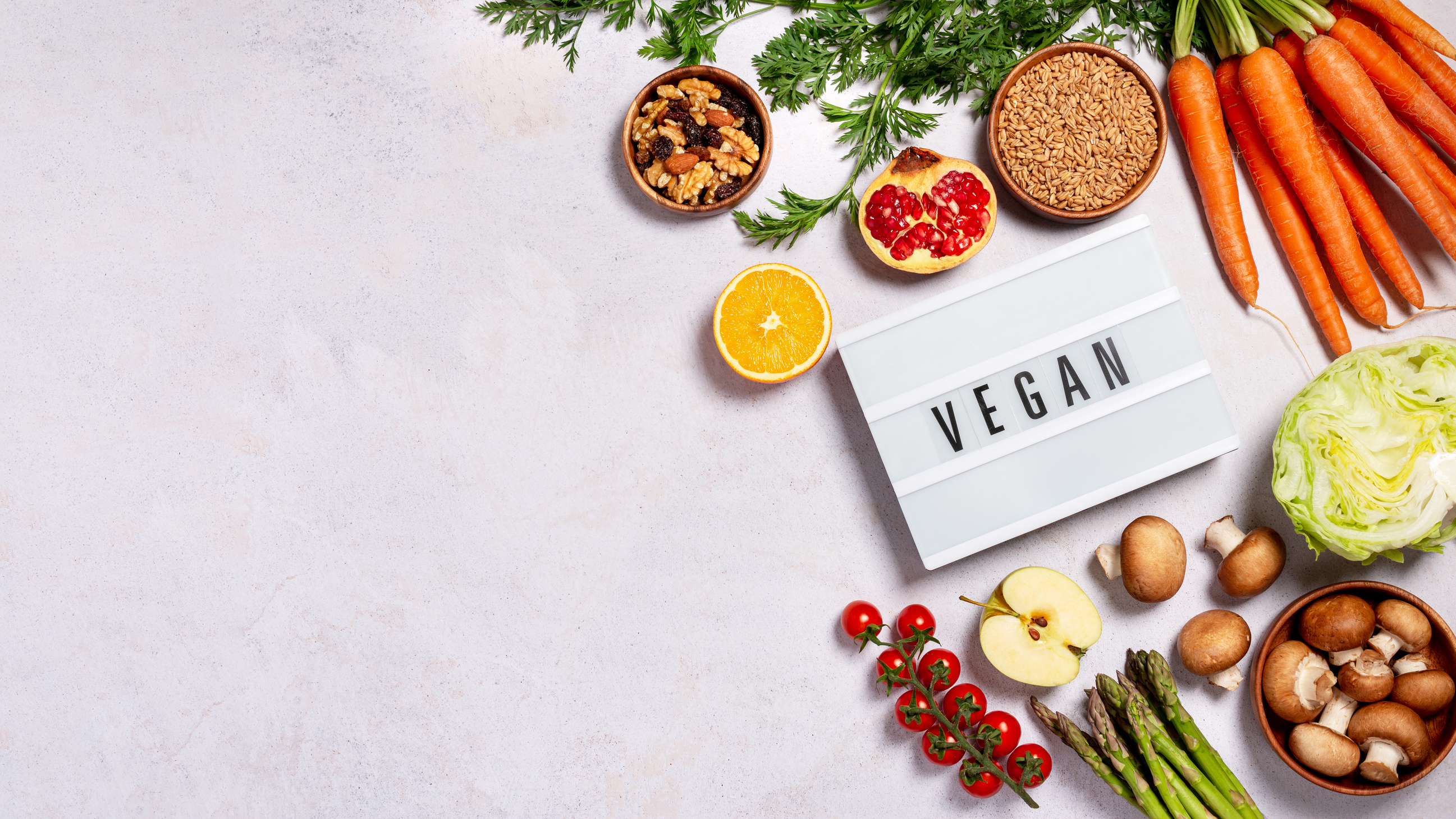 Food background with vegan products, vegan food on table, top view , veganuary concept